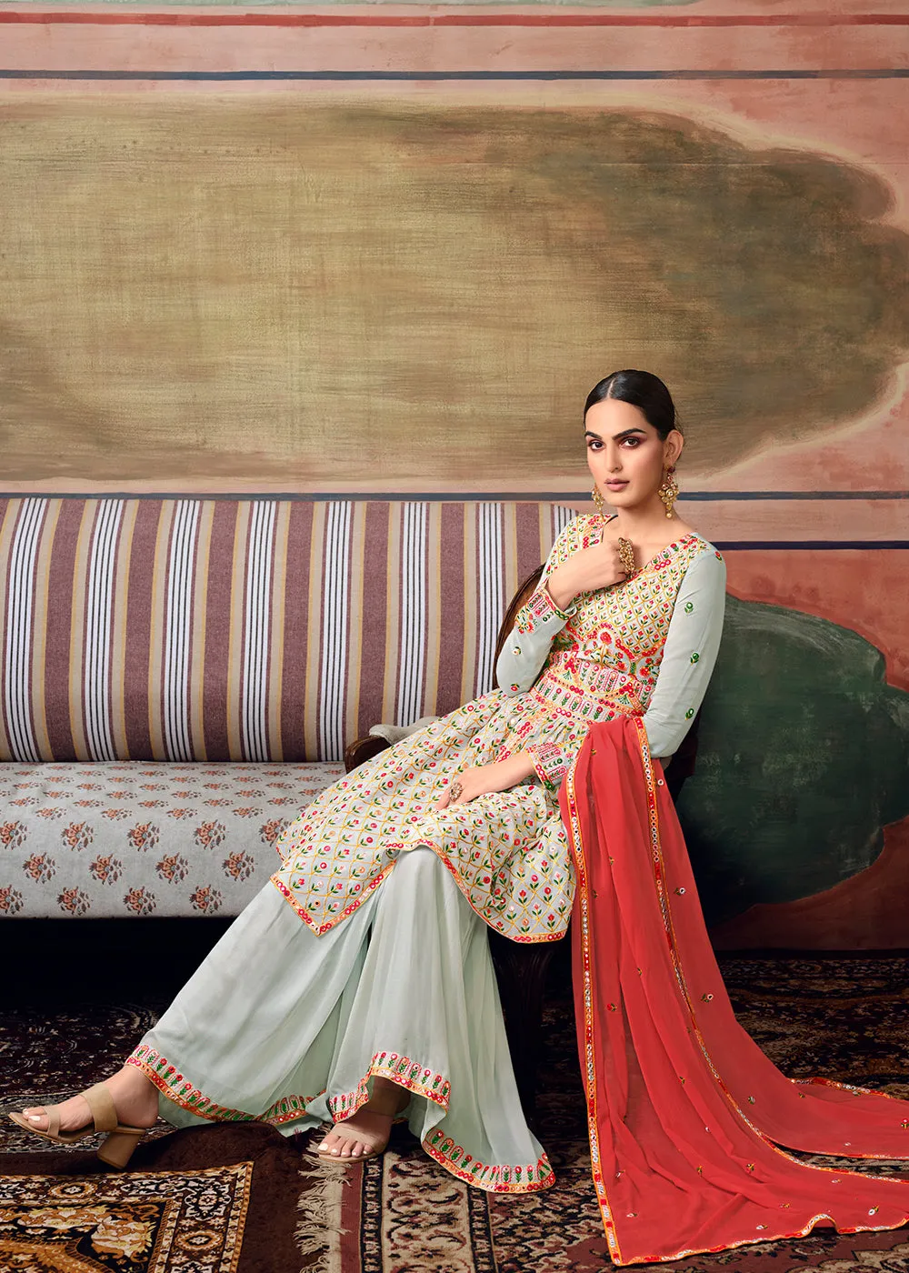 Powder Blue Designer Gharara Style Festive Sharara Suit