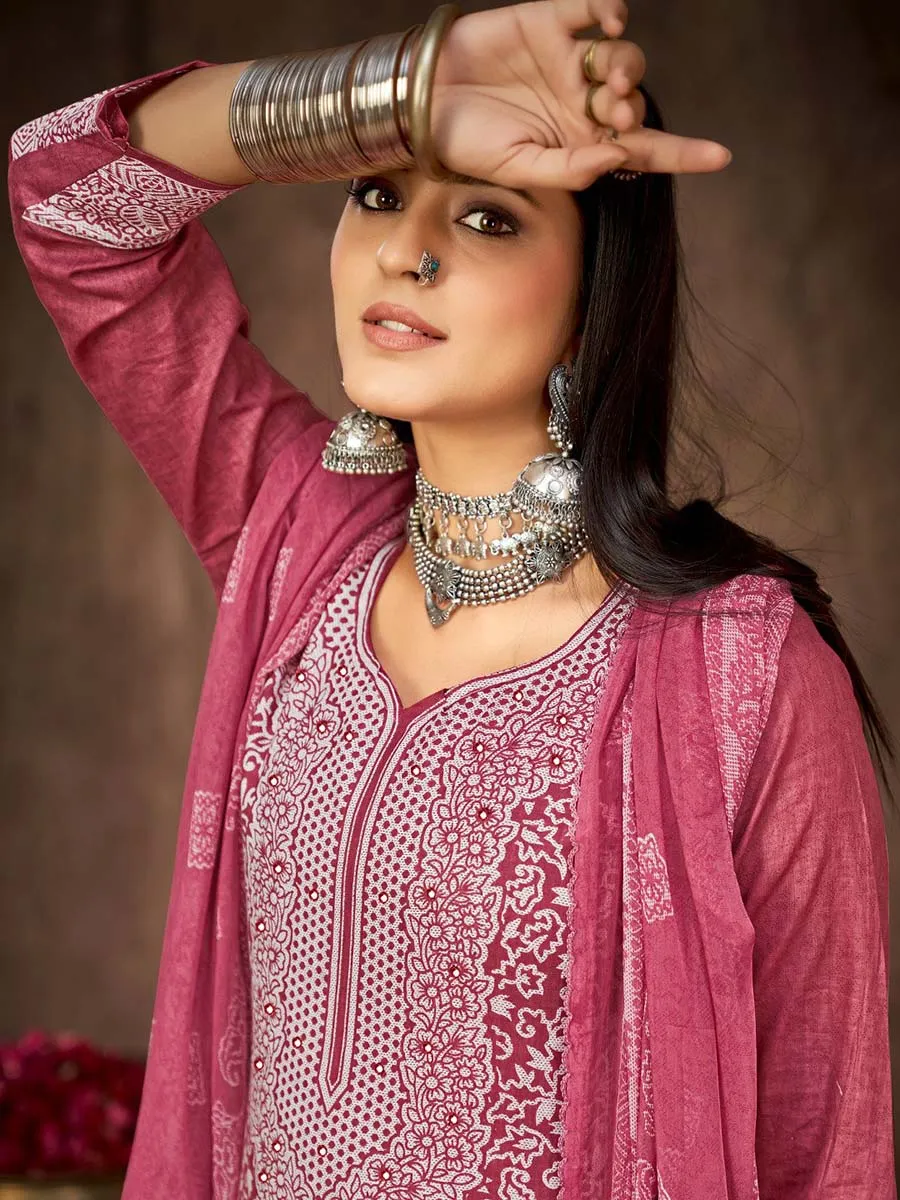 Printed Red Cotton Unstitched Suit Material