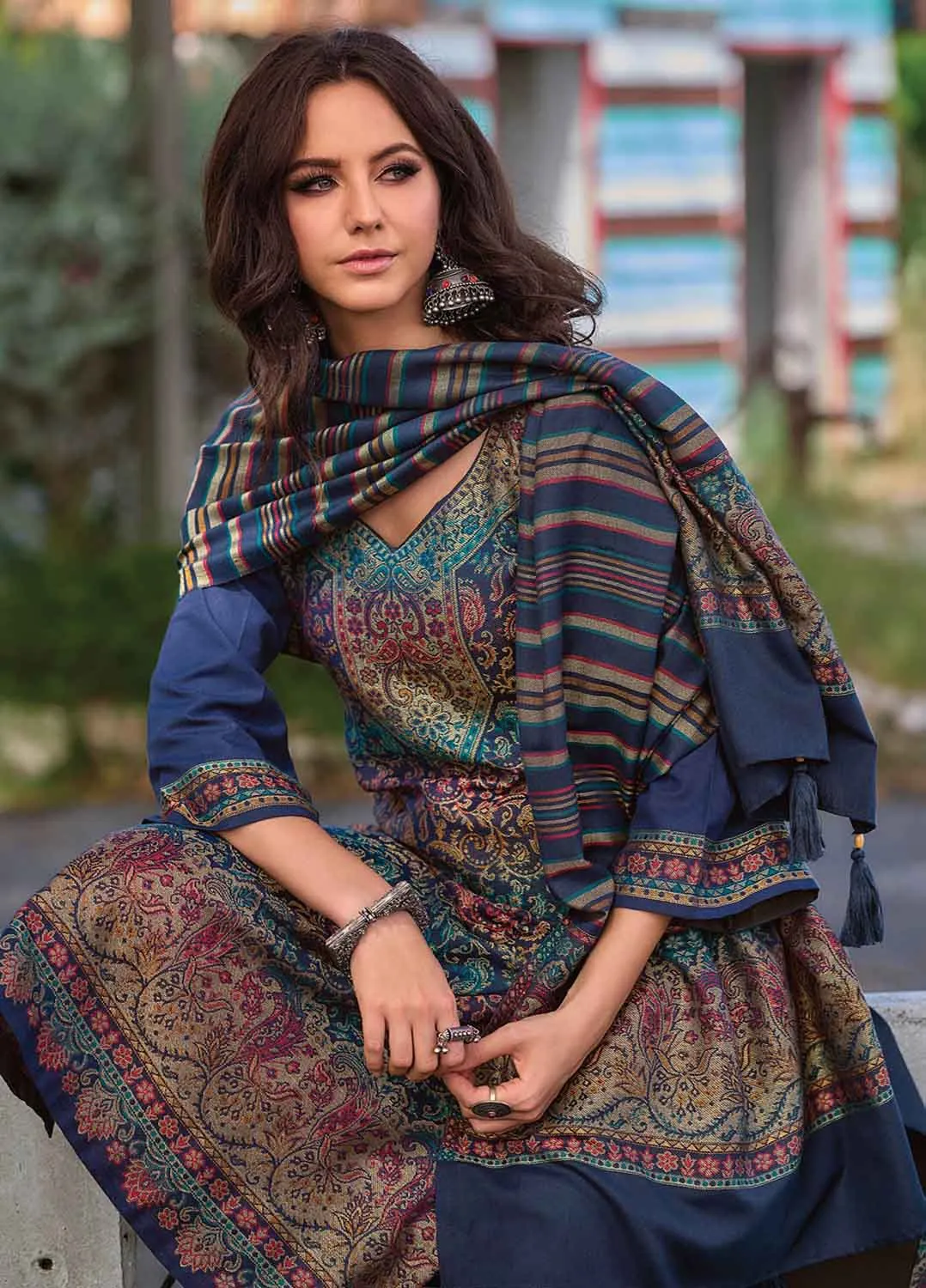 Pure Handloom Unstitched Blue Pashmina Winter Suits Set for Women