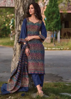 Pure Handloom Unstitched Blue Pashmina Winter Suits Set for Women