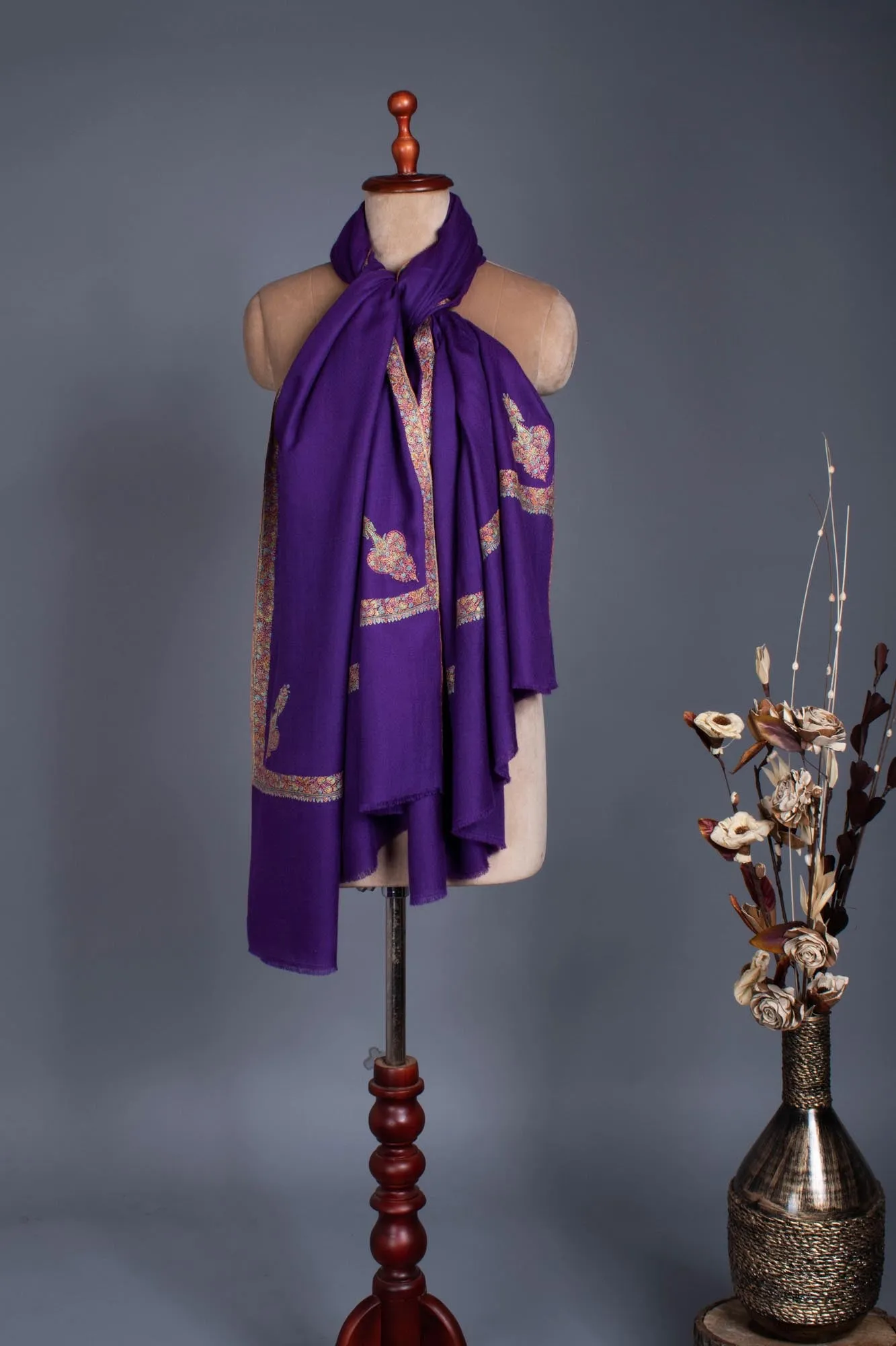 Purple Artisitic Embroidered Pashmina Wrap - BEVERLEY