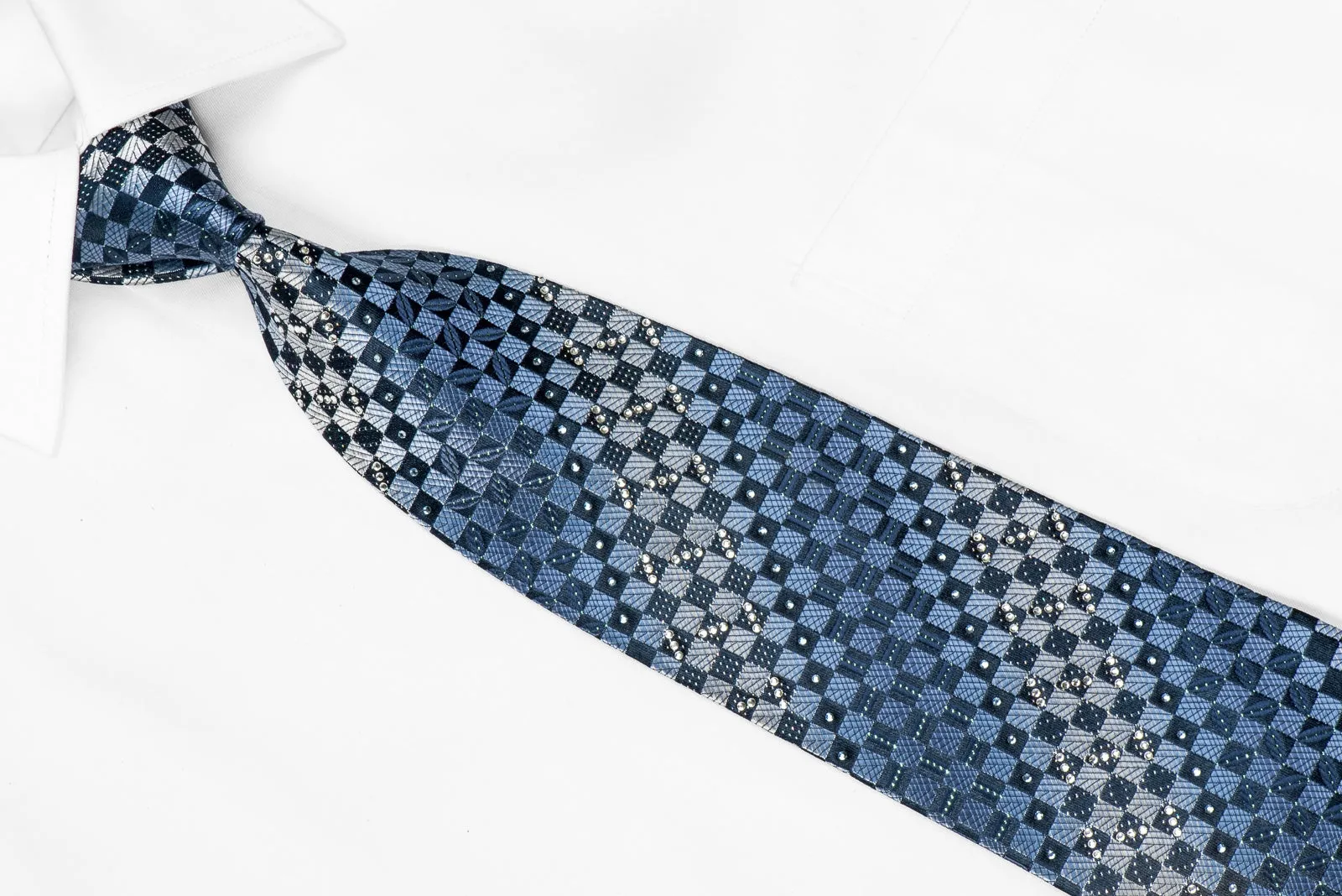 Renoma Men's Crystal Rhinestone Silk Necktie Blue Checkered With Blue Sparkles