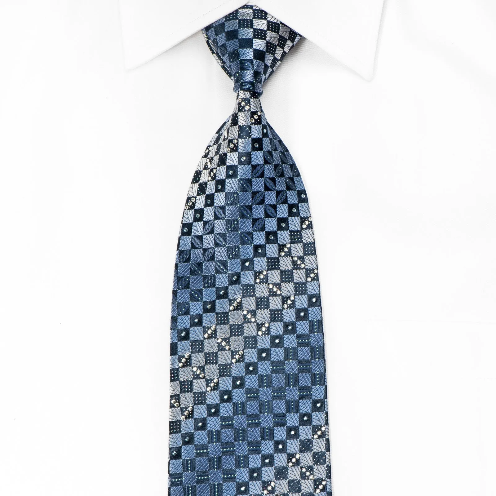 Renoma Men's Crystal Rhinestone Silk Necktie Blue Checkered With Blue Sparkles