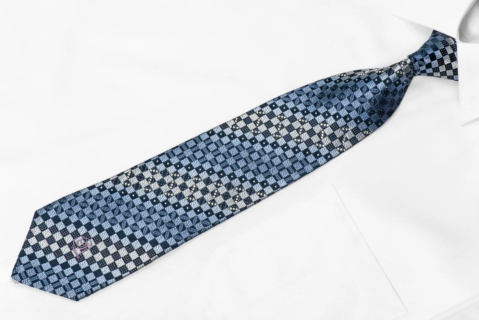 Renoma Men's Crystal Rhinestone Silk Necktie Blue Checkered With Blue Sparkles