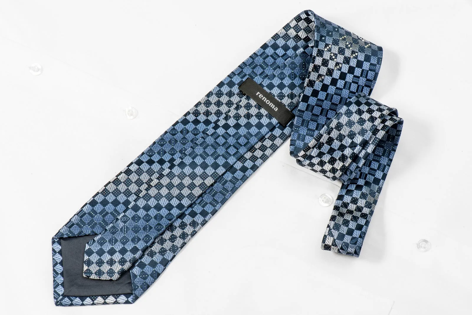 Renoma Men's Crystal Rhinestone Silk Necktie Blue Checkered With Blue Sparkles