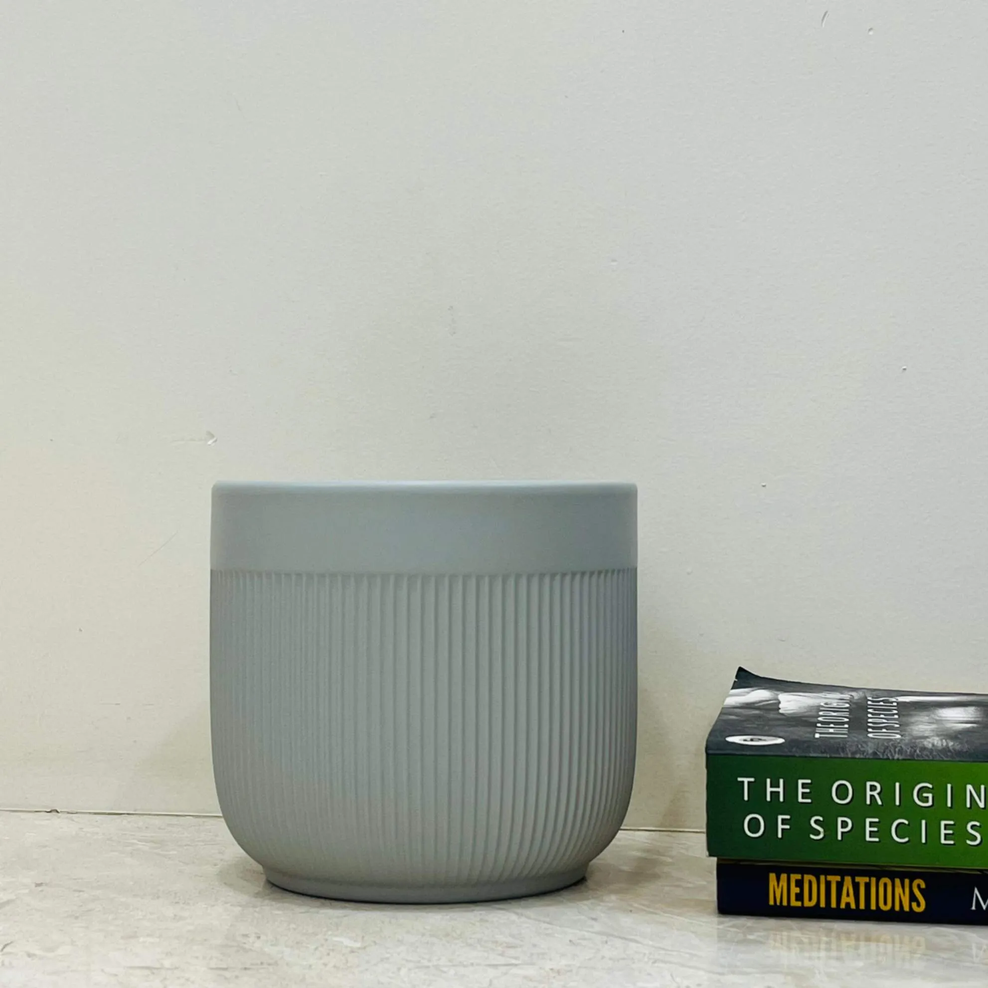 Soft Gray Ribbed Ceramic Planter – Modern Indoor Plant Pot