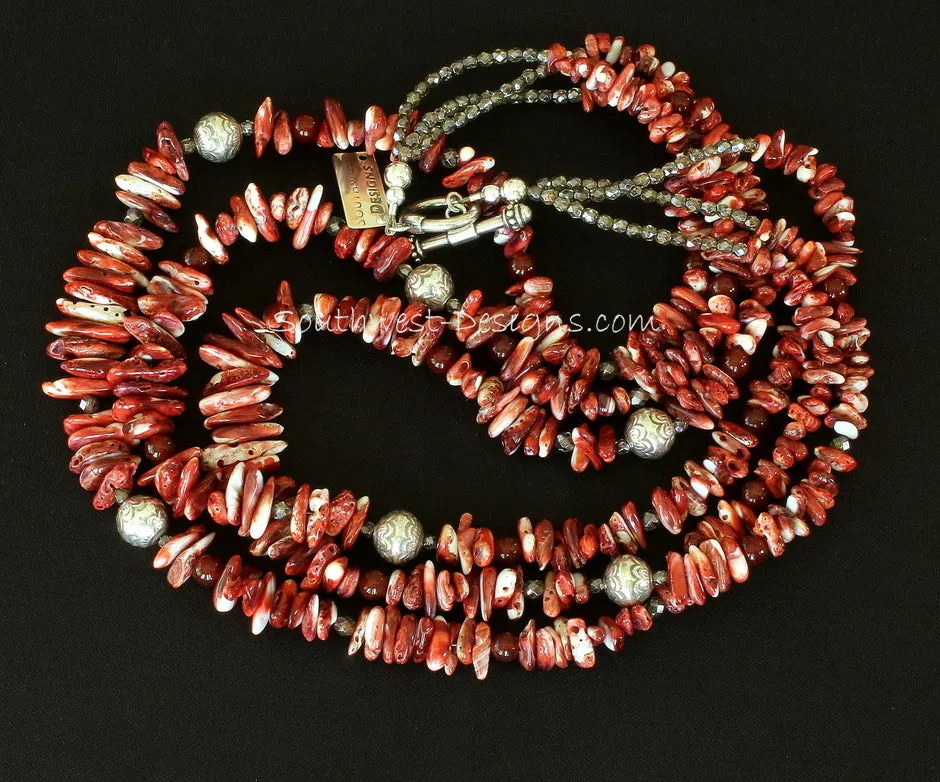 Spiny Oyster Shell Long Chip 3-Strand Necklace with Carnelian Rounds, Fire Polished Glass, and Sterling Silver Beads and Toggle Clasp