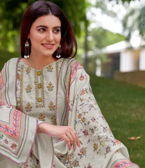 Unstitched Floral Printed Ladies Blue Cotton Suits With Self Embroidery