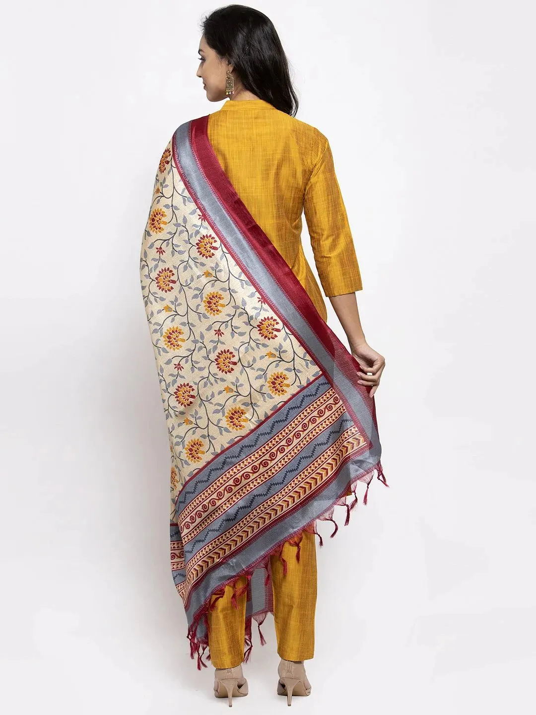 Women Yellow Self-Striped Kurta With Trousers & Art Silk Dupatta