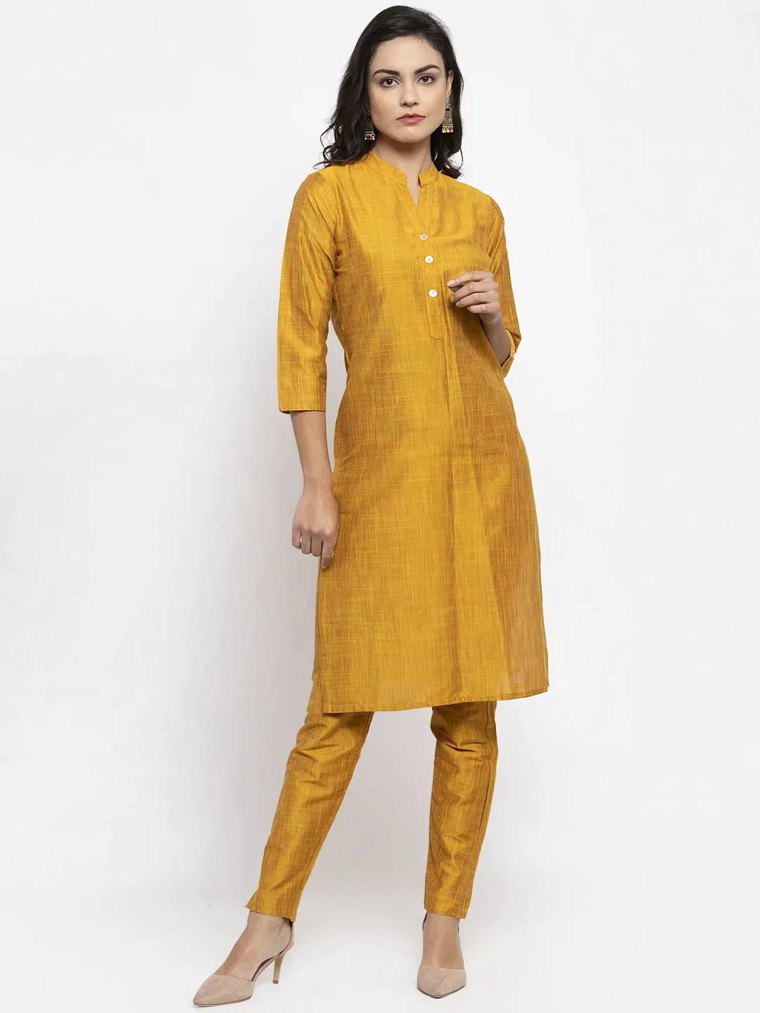 Women Yellow Self-Striped Kurta With Trousers & Art Silk Dupatta