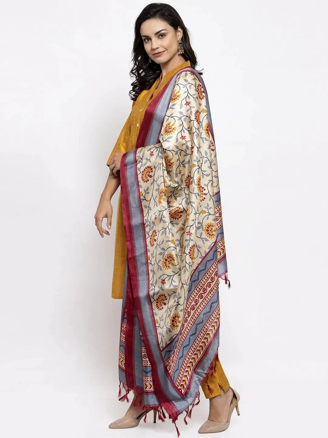 Women Yellow Self-Striped Kurta With Trousers & Art Silk Dupatta