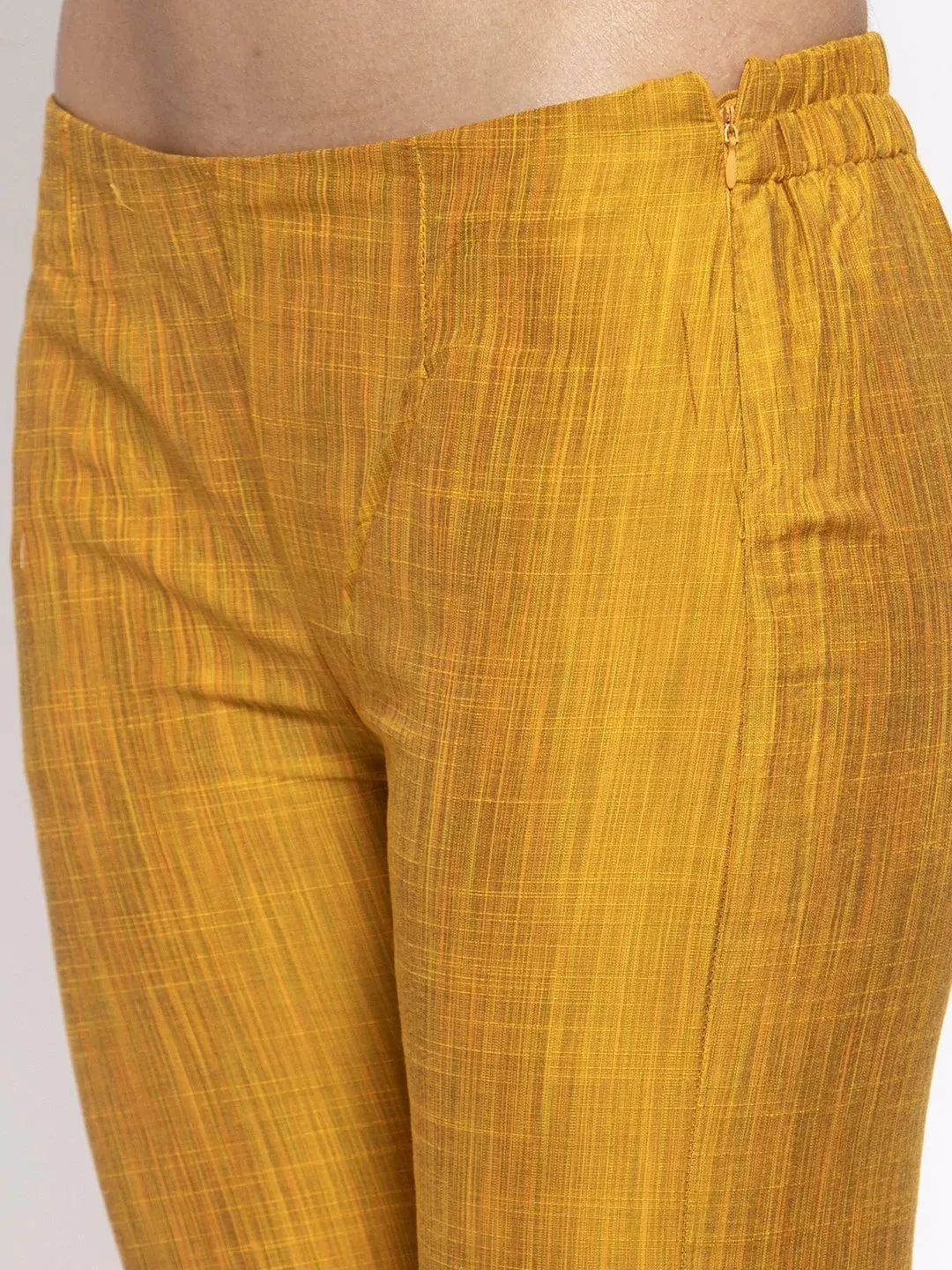 Women Yellow Self-Striped Kurta With Trousers & Art Silk Dupatta