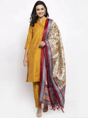 Women Yellow Self-Striped Kurta With Trousers & Art Silk Dupatta