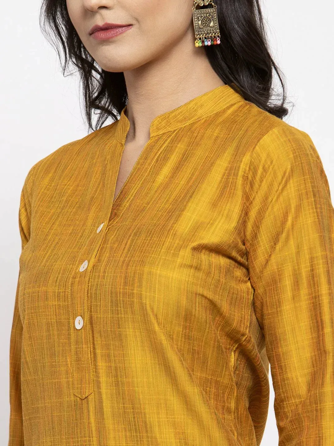 Women Yellow Self-Striped Kurta With Trousers & Art Silk Dupatta